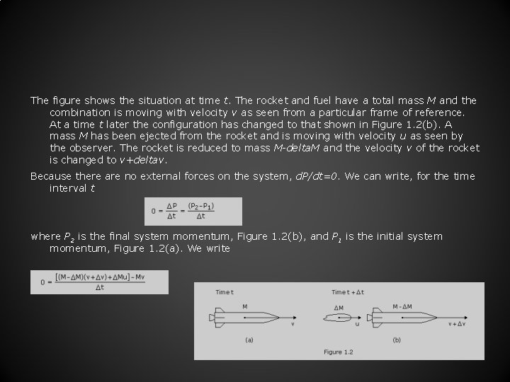 The figure shows the situation at time t. The rocket and fuel have a