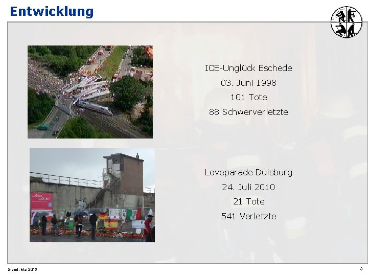 Entwicklung ICE-Unglück Eschede 03. Juni 1998 101 Tote 88 Schwerverletzte Loveparade Duisburg 24. Juli