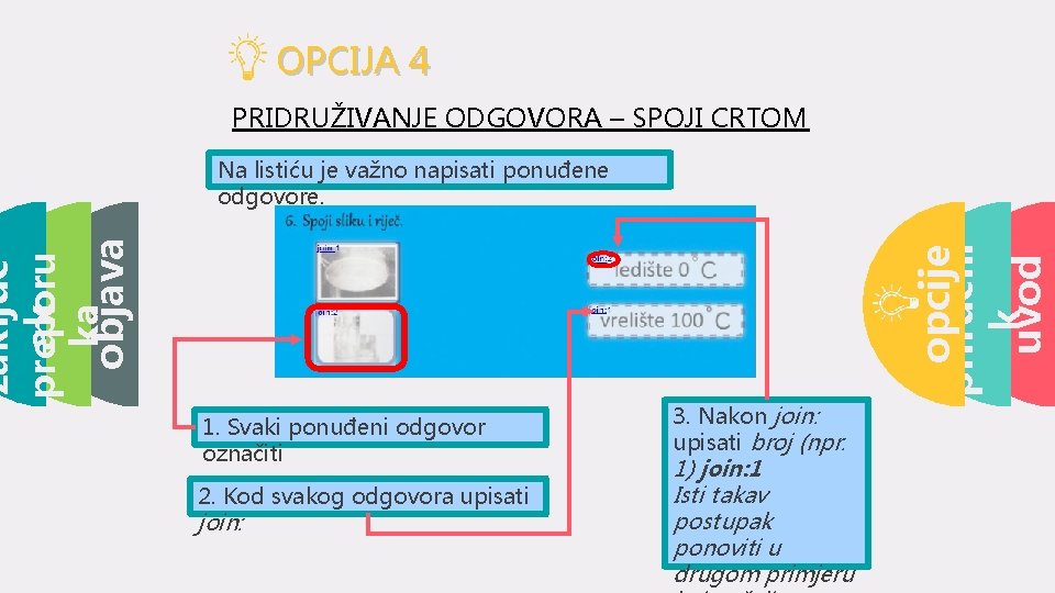 OPCIJA 4 PRIDRUŽIVANJE ODGOVORA – SPOJI CRTOM opcije priručni k uvod objava ka zaključ