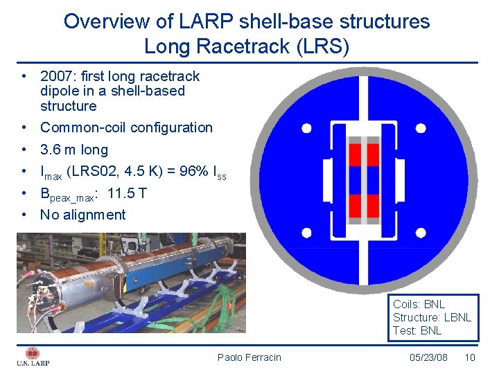 Overview of LARP shell-base structures Long Racetrack (LRS) • 2007: first long racetrack dipole