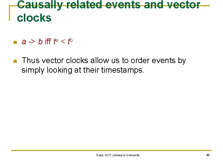 Causally related events and vector clocks n a -> b iff ta < tb