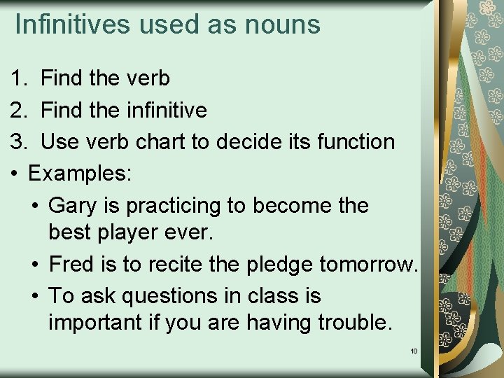 Infinitives used as nouns 1. Find the verb 2. Find the infinitive 3. Use