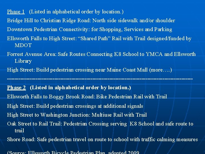 Phase 1 (Listed in alphabetical order by location. ) Bridge Hill to Christian Ridge