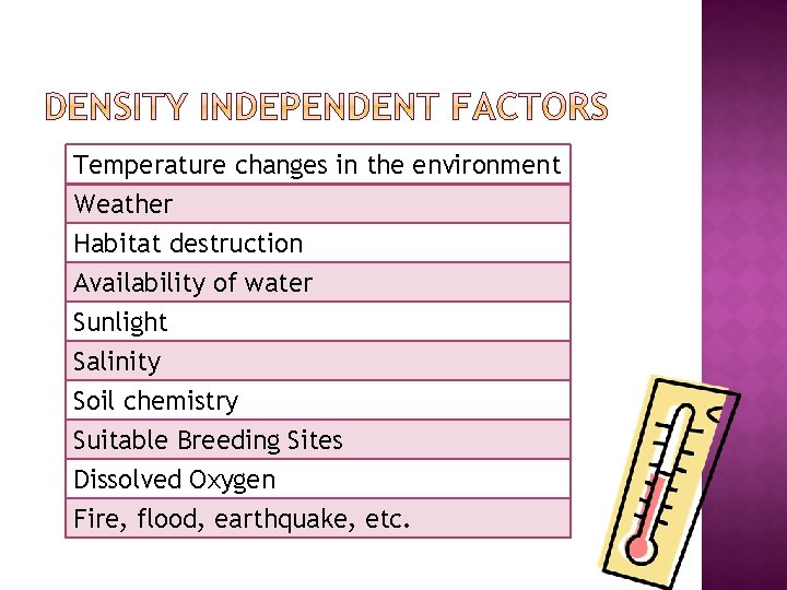 Temperature changes in the environment Weather Habitat destruction Availability of water Sunlight Salinity Soil