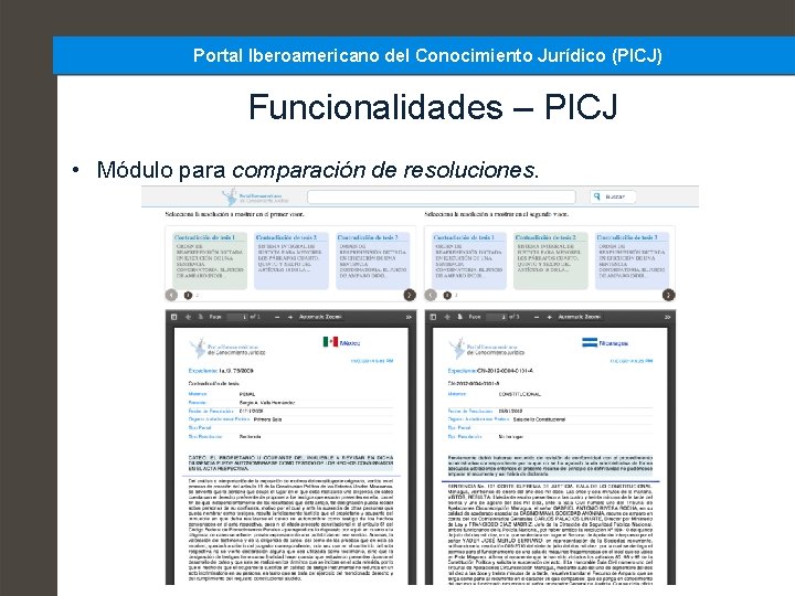 Portal Iberoamericano del Conocimiento Jurídico (PICJ) Funcionalidades – PICJ • Módulo para comparación de