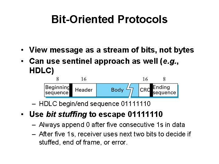 Bit-Oriented Protocols • View message as a stream of bits, not bytes • Can