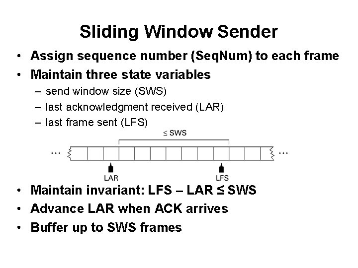 Sliding Window Sender • Assign sequence number (Seq. Num) to each frame • Maintain