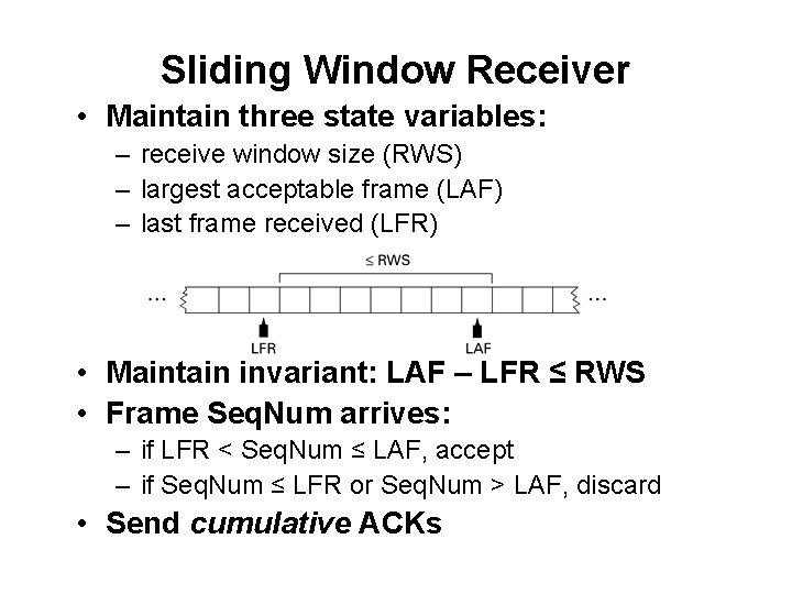 Sliding Window Receiver • Maintain three state variables: – receive window size (RWS) –
