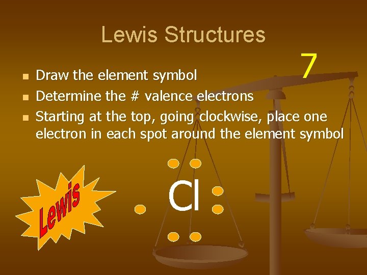 Lewis Structures n n n 7 Draw the element symbol Determine the # valence