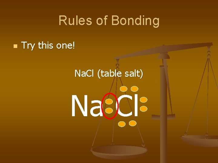 Rules of Bonding n Try this one! Na. Cl (table salt) Na Cl 
