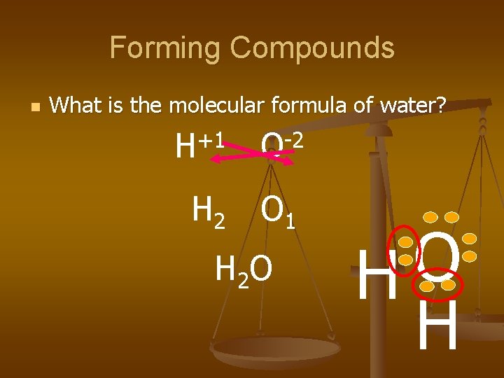 Forming Compounds n What is the molecular formula of water? +1 H H 2