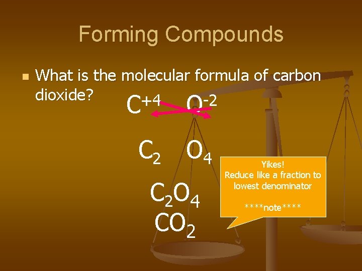 Forming Compounds n What is the molecular formula of carbon dioxide? +4 -2 C