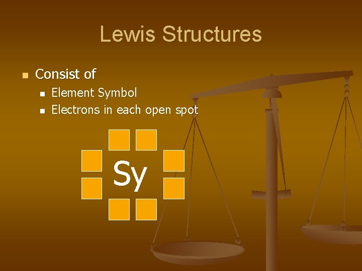 Lewis Structures n Consist of n n Element Symbol Electrons in each open spot