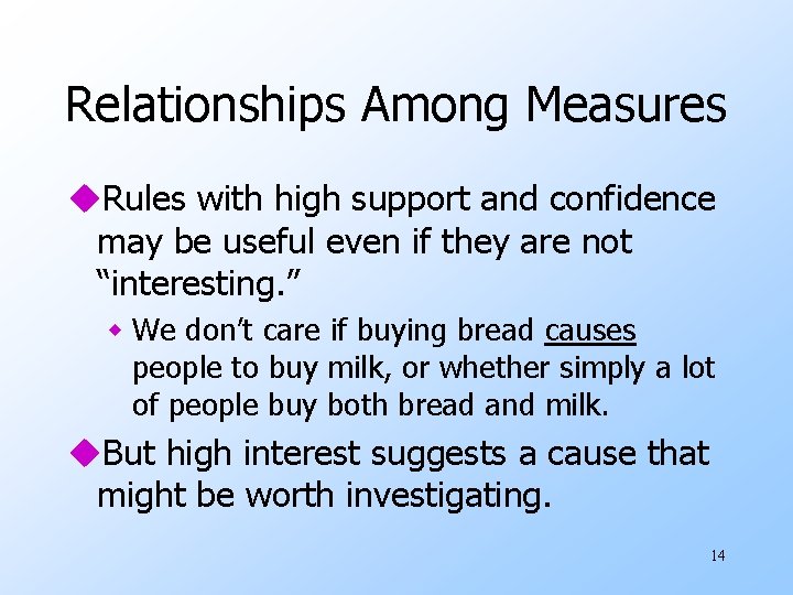 Relationships Among Measures u. Rules with high support and confidence may be useful even