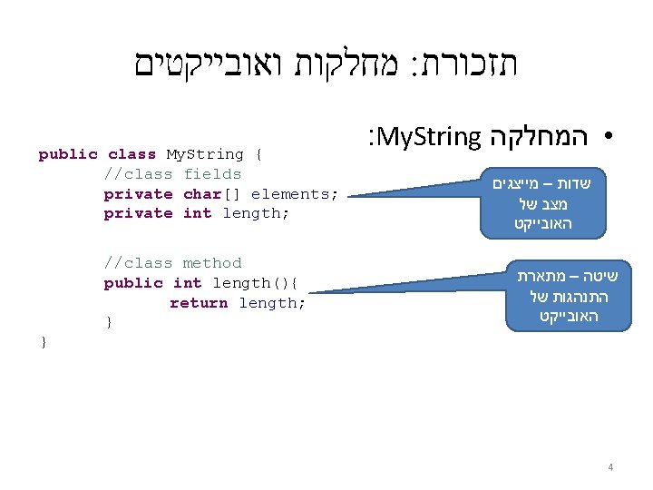  מחלקות ואובייקטים : תזכורת public class My. String { //class fields private char[]