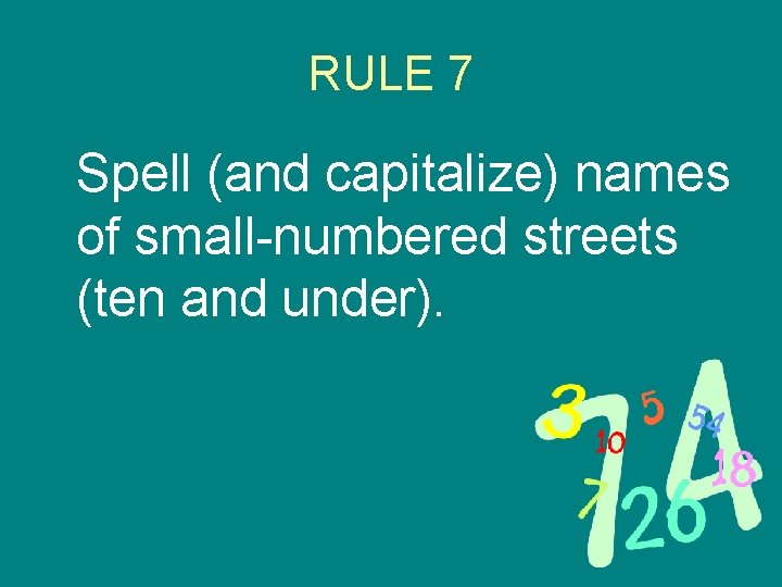 RULE 7 Spell (and capitalize) names of small-numbered streets (ten and under). 