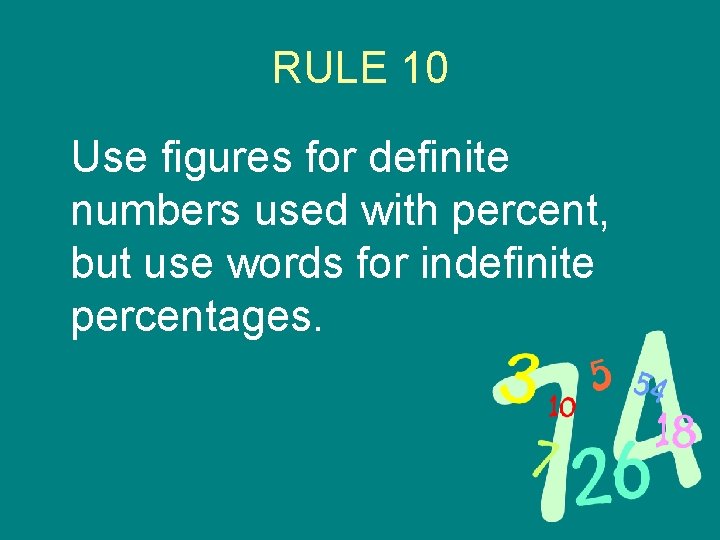 RULE 10 Use figures for definite numbers used with percent, but use words for