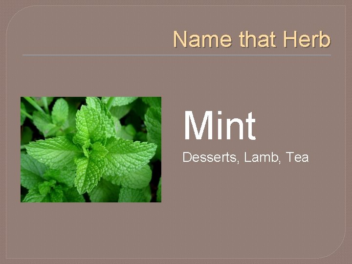 Name that Herb Mint Desserts, Lamb, Tea 
