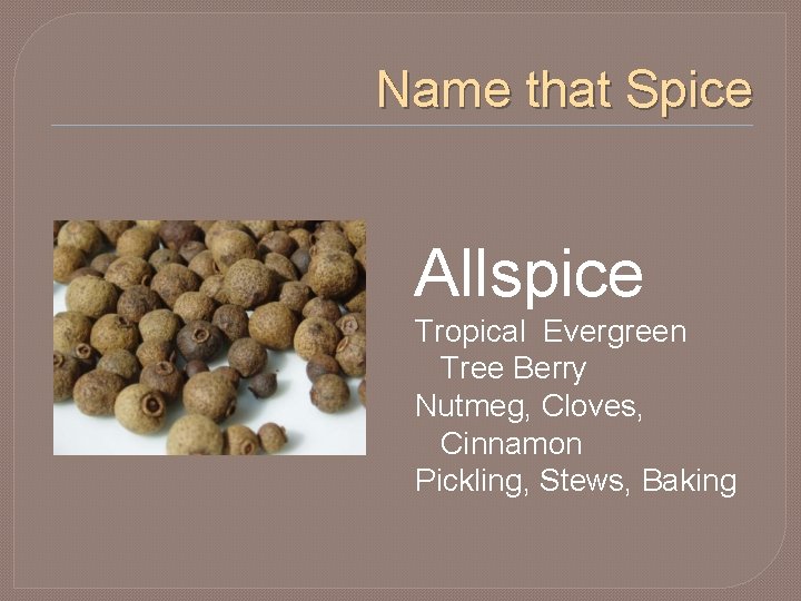 Name that Spice Allspice Tropical Evergreen Tree Berry Nutmeg, Cloves, Cinnamon Pickling, Stews, Baking