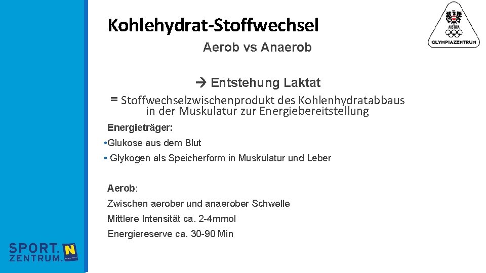 Kohlehydrat-Stoffwechsel Aerob vs Anaerob Entstehung Laktat = Stoffwechselzwischenprodukt des Kohlenhydratabbaus in der Muskulatur zur