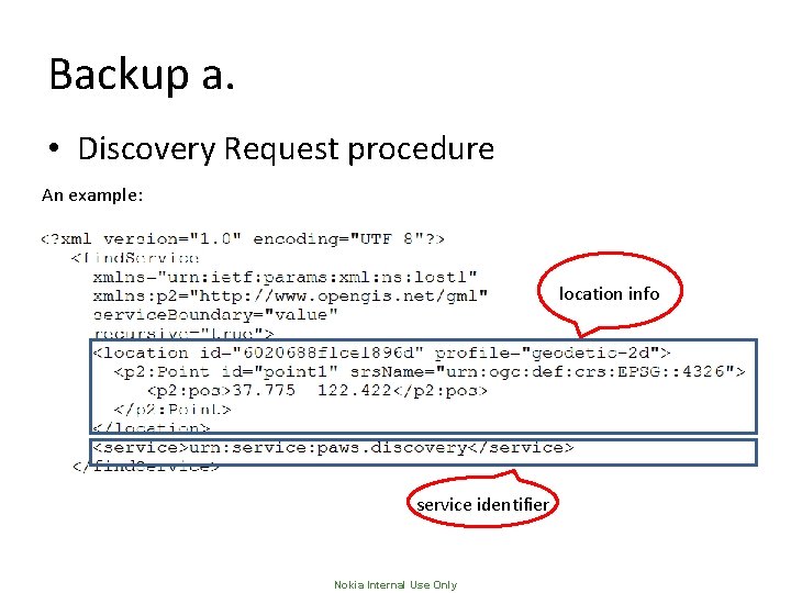 Backup a. • Discovery Request procedure An example: location info service identifier Nokia Internal