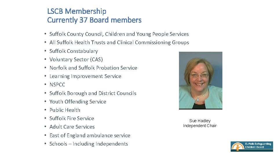 LSCB Membership Currently 37 Board members • • • • Suffolk County Council, Children