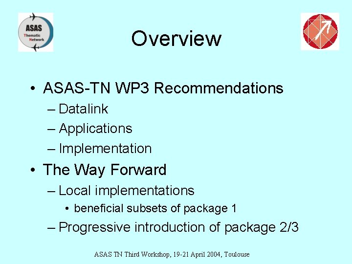Overview • ASAS-TN WP 3 Recommendations – Datalink – Applications – Implementation • The