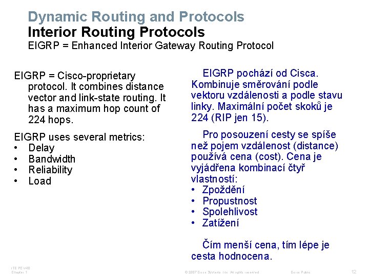 Dynamic Routing and Protocols Interior Routing Protocols EIGRP = Enhanced Interior Gateway Routing Protocol