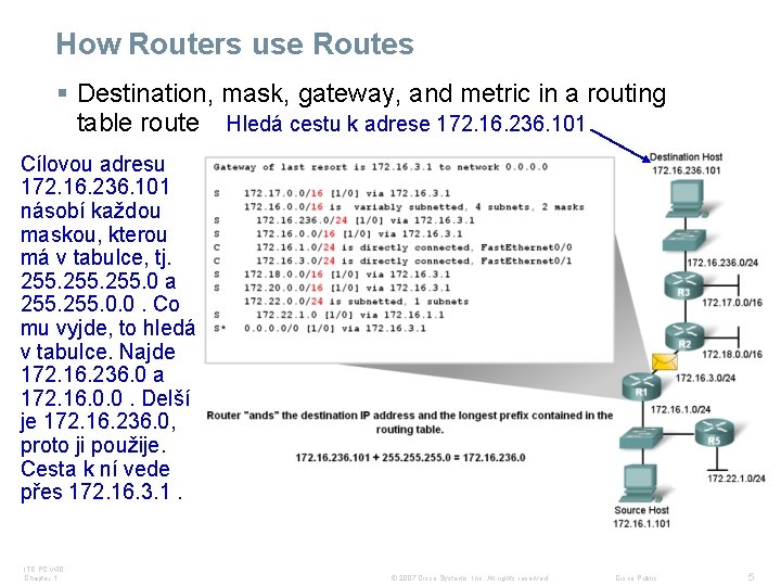 How Routers use Routes § Destination, mask, gateway, and metric in a routing table