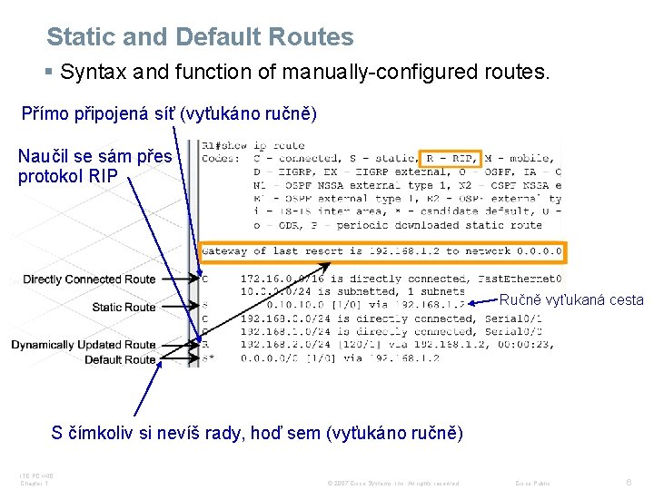 Static and Default Routes § Syntax and function of manually-configured routes. Přímo připojená síť