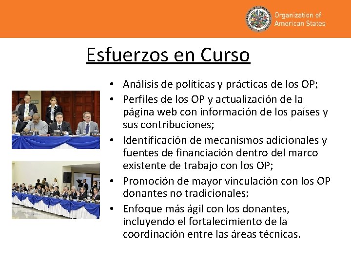 Esfuerzos en Curso • Análisis de políticas y prácticas de los OP; • Perfiles