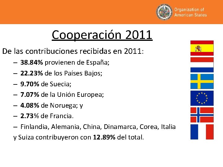 Cooperación 2011 De las contribuciones recibidas en 2011: – 38. 84% provienen de España;