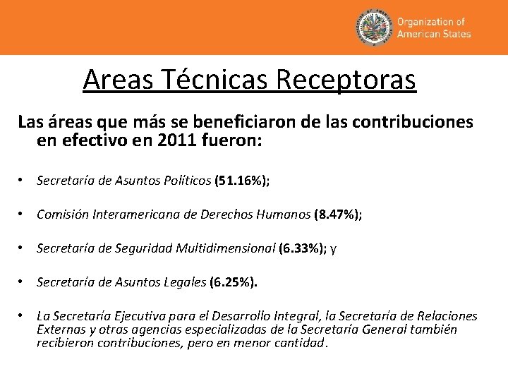 Areas Técnicas Receptoras Las áreas que más se beneficiaron de las contribuciones en efectivo