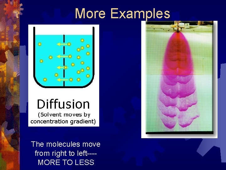 More Examples The molecules move from right to left---MORE TO LESS 