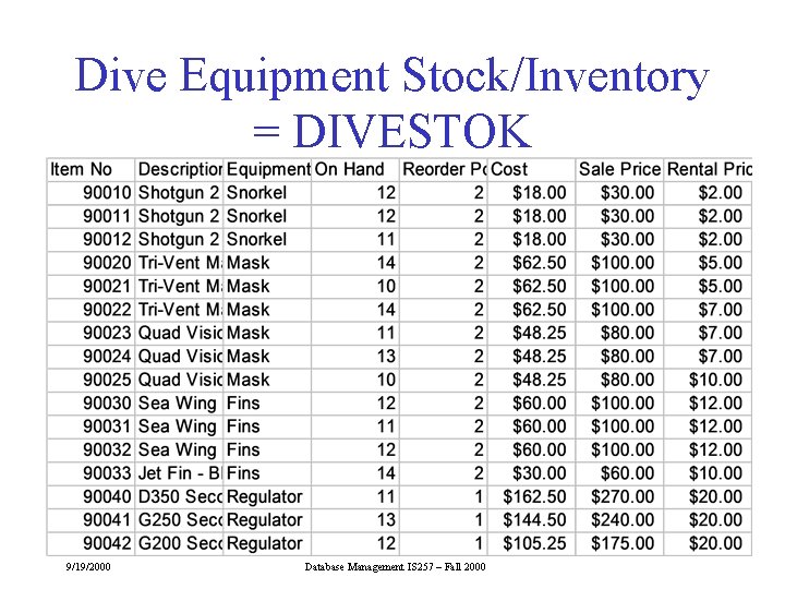 Dive Equipment Stock/Inventory = DIVESTOK 9/19/2000 Database Management IS 257 – Fall 2000 Dive Equipment Stock/Inventory = DIVESTOK 9/19/2000 Database Management IS 257 – Fall 2000