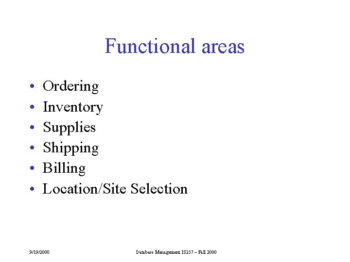 Functional areas • • • Ordering Inventory Supplies Shipping Billing Location/Site Selection 9/19/2000 Database Functional areas • • • Ordering Inventory Supplies Shipping Billing Location/Site Selection 9/19/2000 Database