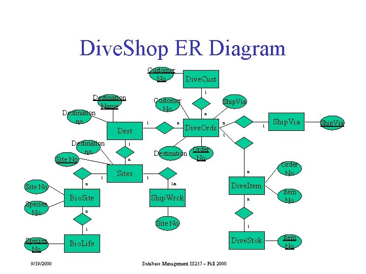 Dive. Shop ER Diagram Customer No Dive. Cust 1 Destination Name Destination no Customer Dive. Shop ER Diagram Customer No Dive. Cust 1 Destination Name Destination no Customer