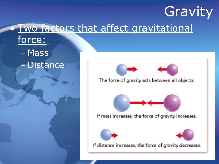 Gravity • Two factors that affect gravitational force: – Mass – Distance 