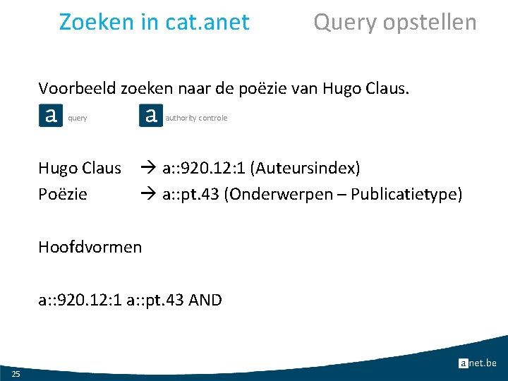 Zoeken in cat. anet Query opstellen Voorbeeld zoeken naar de poëzie van Hugo Claus.