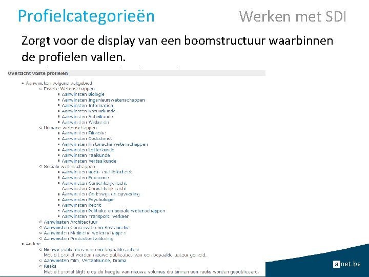 Profielcategorieën Werken met SDI Zorgt voor de display van een boomstructuur waarbinnen de profielen