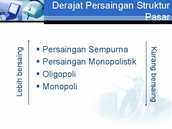 § Persaingan Sempurna § Persaingan Monopolistik § Oligopoli § Monopoli Kurang bersaing Lebih bersaing