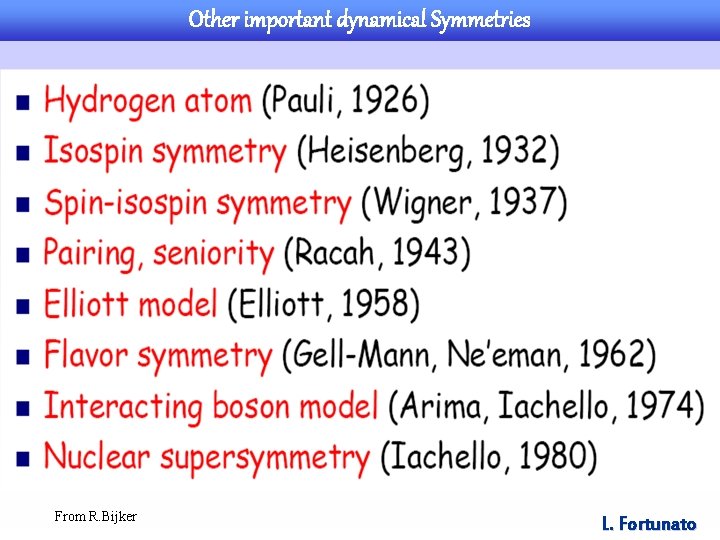 Other important dynamical Symmetries From R. Bijker L. Fortunato 