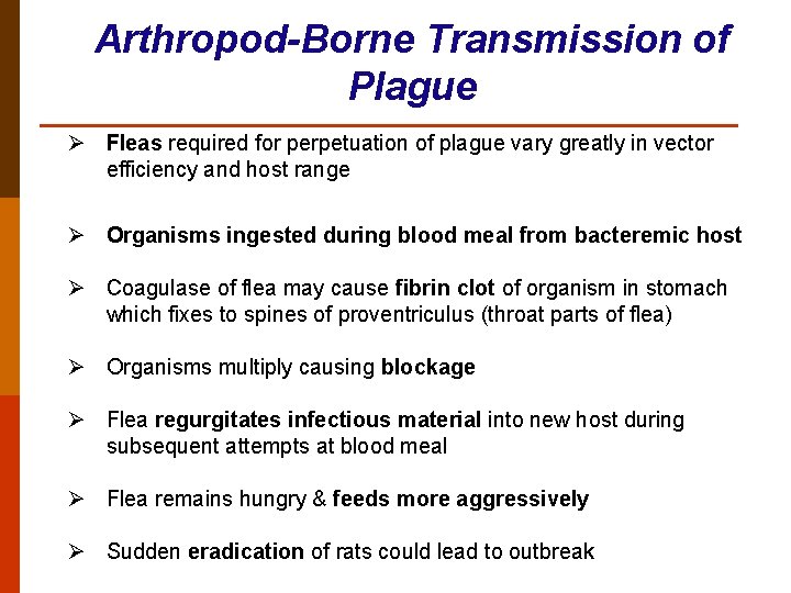Arthropod-Borne Transmission of Plague Ø Fleas required for perpetuation of plague vary greatly in