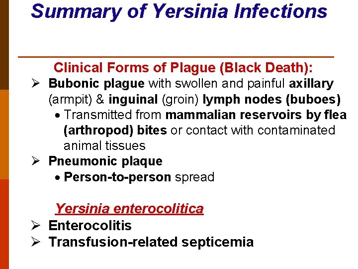 Summary of Yersinia Infections Clinical Forms of Plague (Black Death): Ø Bubonic plague with