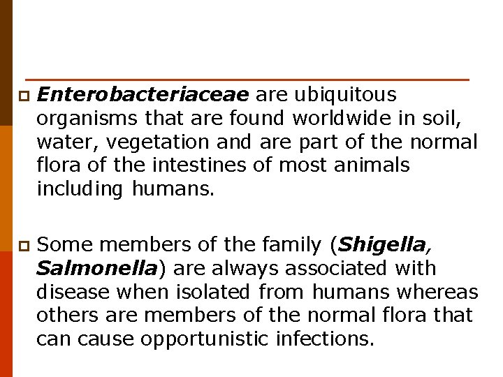 p Enterobacteriaceae are ubiquitous organisms that are found worldwide in soil, water, vegetation and