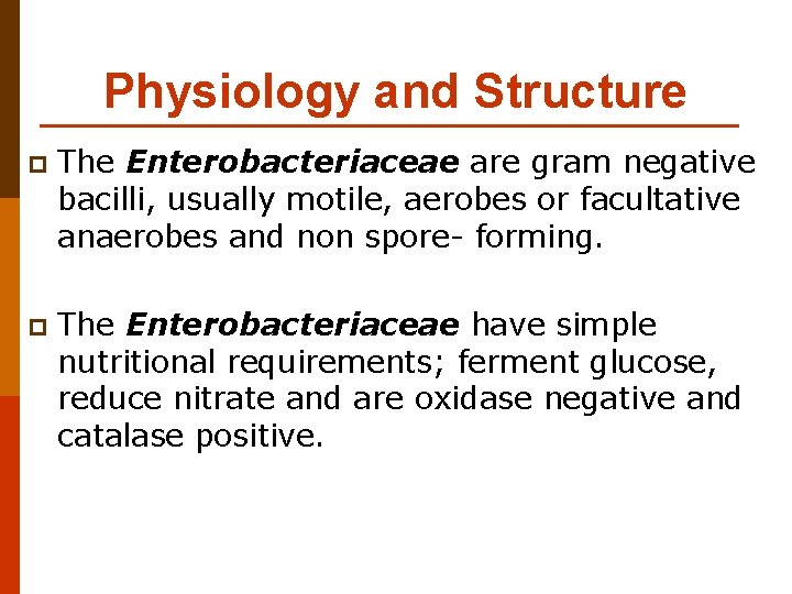 Physiology and Structure p The Enterobacteriaceae are gram negative bacilli, usually motile, aerobes or