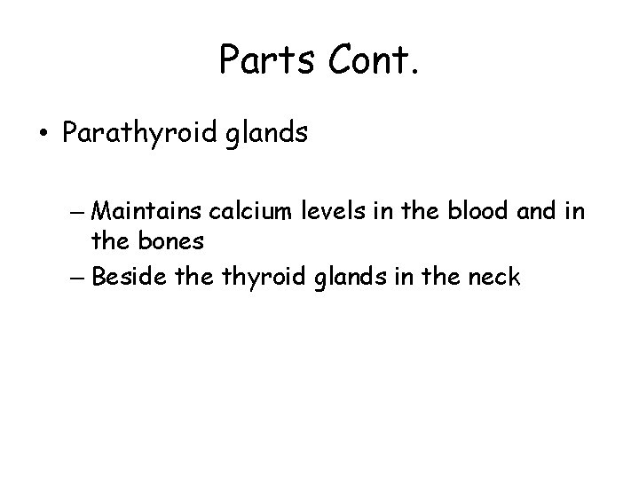 Parts Cont. • Parathyroid glands – Maintains calcium levels in the blood and in
