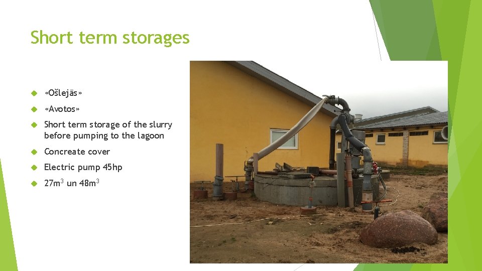 Short term storages «Ošlejās» «Avotos» Short term storage of the slurry before pumping to