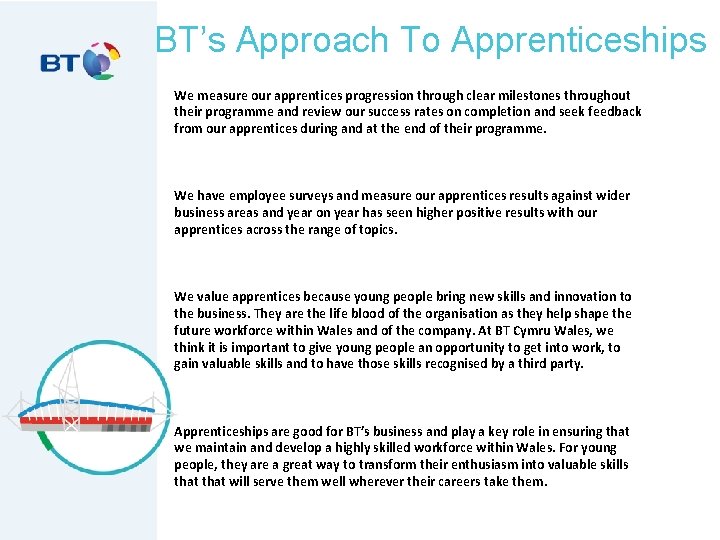 BT’s Approach To Apprenticeships We measure our apprentices progression through clear milestones throughout their