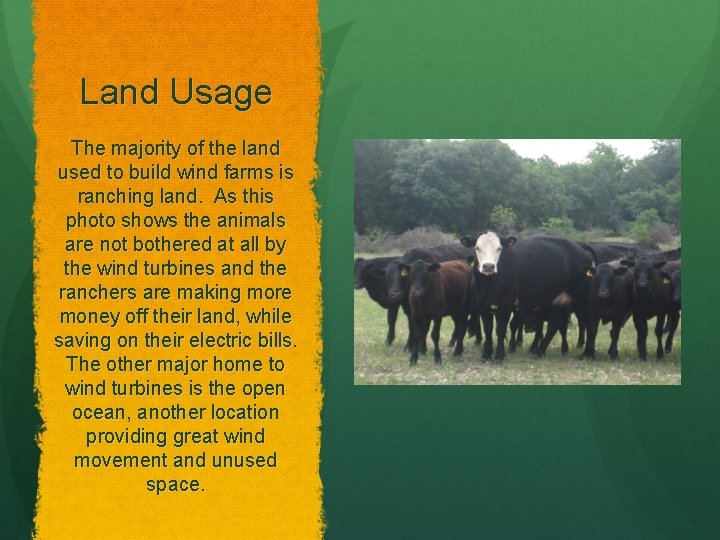 Land Usage The majority of the land used to build wind farms is ranching